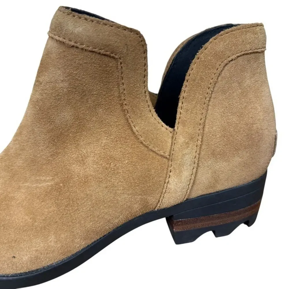 Sorel Lolla Cut Out Bootie Ankle Boots Beige Suede Leather Shoes Womens sz 7.5